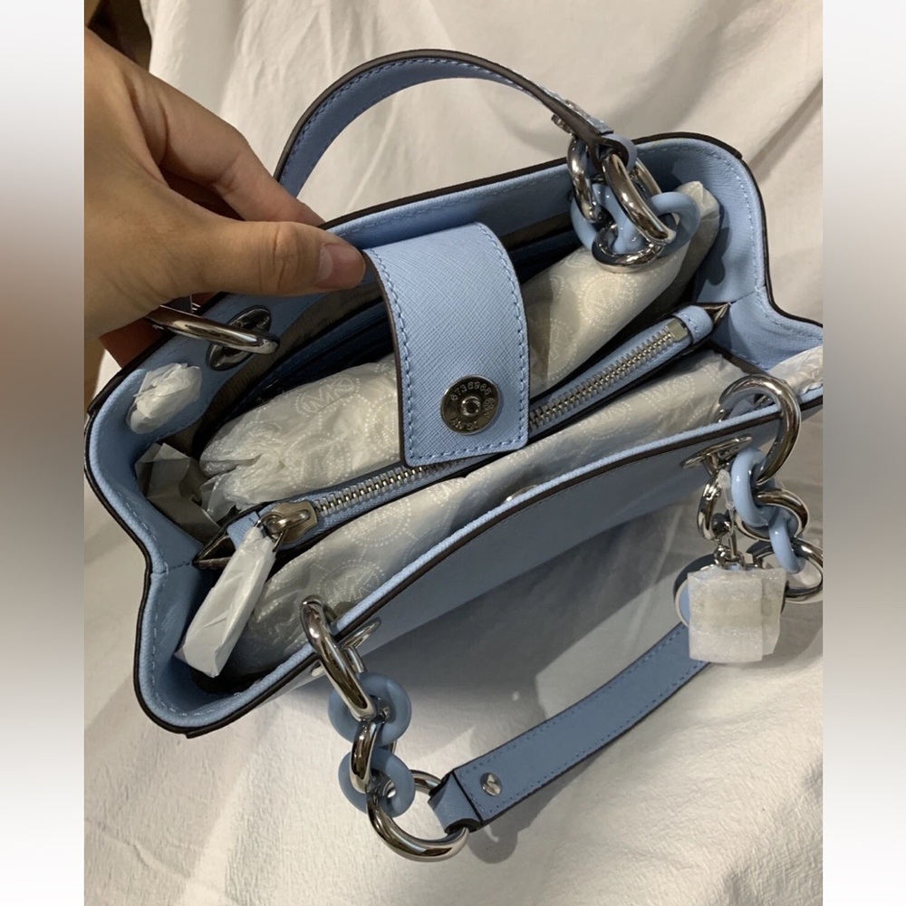 NWT Michael Kors Cynthia Small Saffiano Leather Satchel Bag $298 Sky Blue - Picture 4 of 8